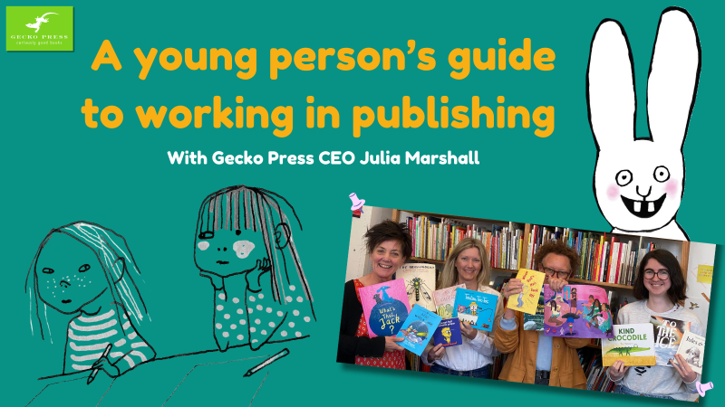 Illustrations from Gecko Press publications, with a photograph of the Gecko Press team